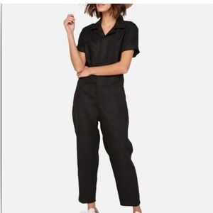 Mate The Label Linen Short Sleeve Button Front Utility Jumpsuit | Black | Small